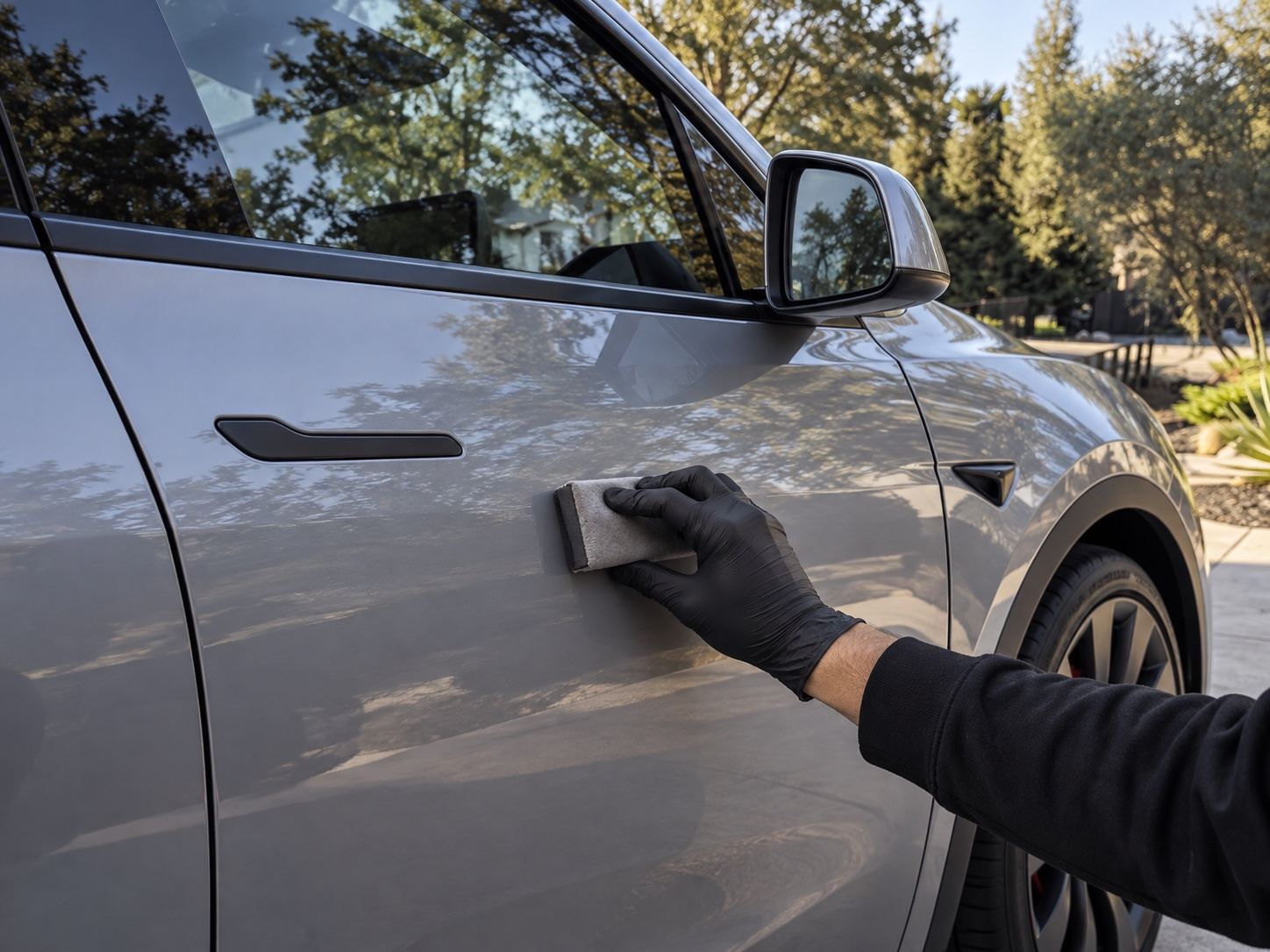 A gloved detailer applying ceramic coating to a clean vehicle panel