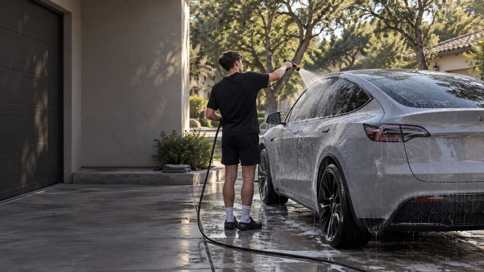 A detailer rinsing a gray crossover in a residential driveway